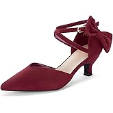 Coutgo Womens Low Kitten Heel Bow Heels Dress Shoes Closed Pointed Toe Ankle Strap Elegant Wedding Party Pumps