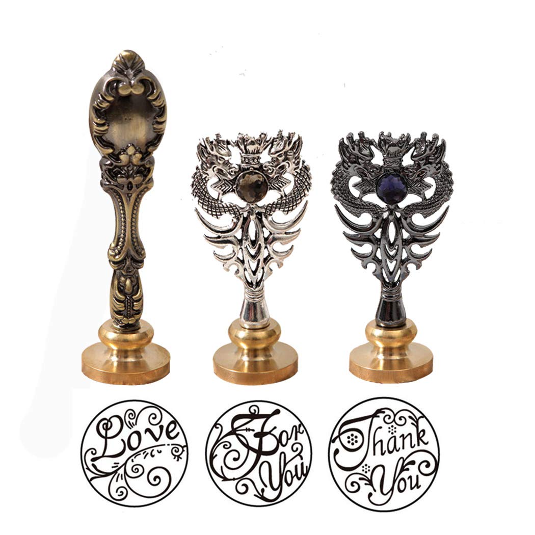 SIPLIV 3 PCS Wax Seal Stamp Kit Retro Brass Removable Head 25mm for Letter Envelope Invitation Wedding Embellishment Gift Decoration(Love, for You, Thank You)