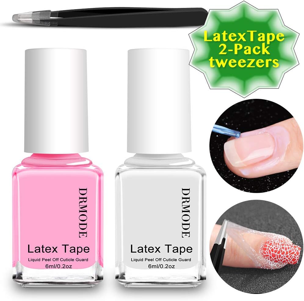 Liquid Latex for Nails - 2PCS Upgrade Fast Drying Peel Off Nail Polish Barrier Cuticle Guard, Stamping Skin Protector Latex Tape with Bonus Tweezers for Various Nail Art by DR.MODE: Health & Personal Care