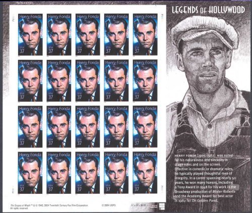 Henry Fonda: Legends of Hollywood, Full Sheet of 20 x 37 Cent Stamps, USA 2005, Scott 3911