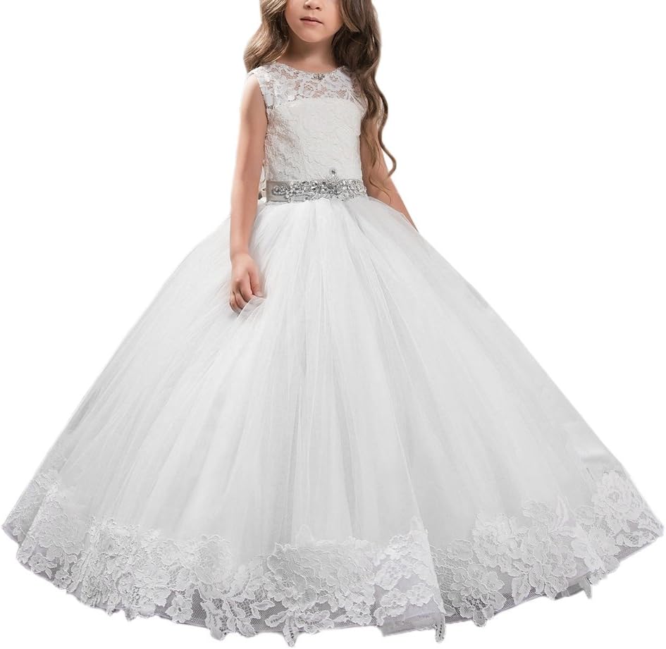 AbaoSisters Floral Appliques Fluffy Girl Ball Gown (8, White)