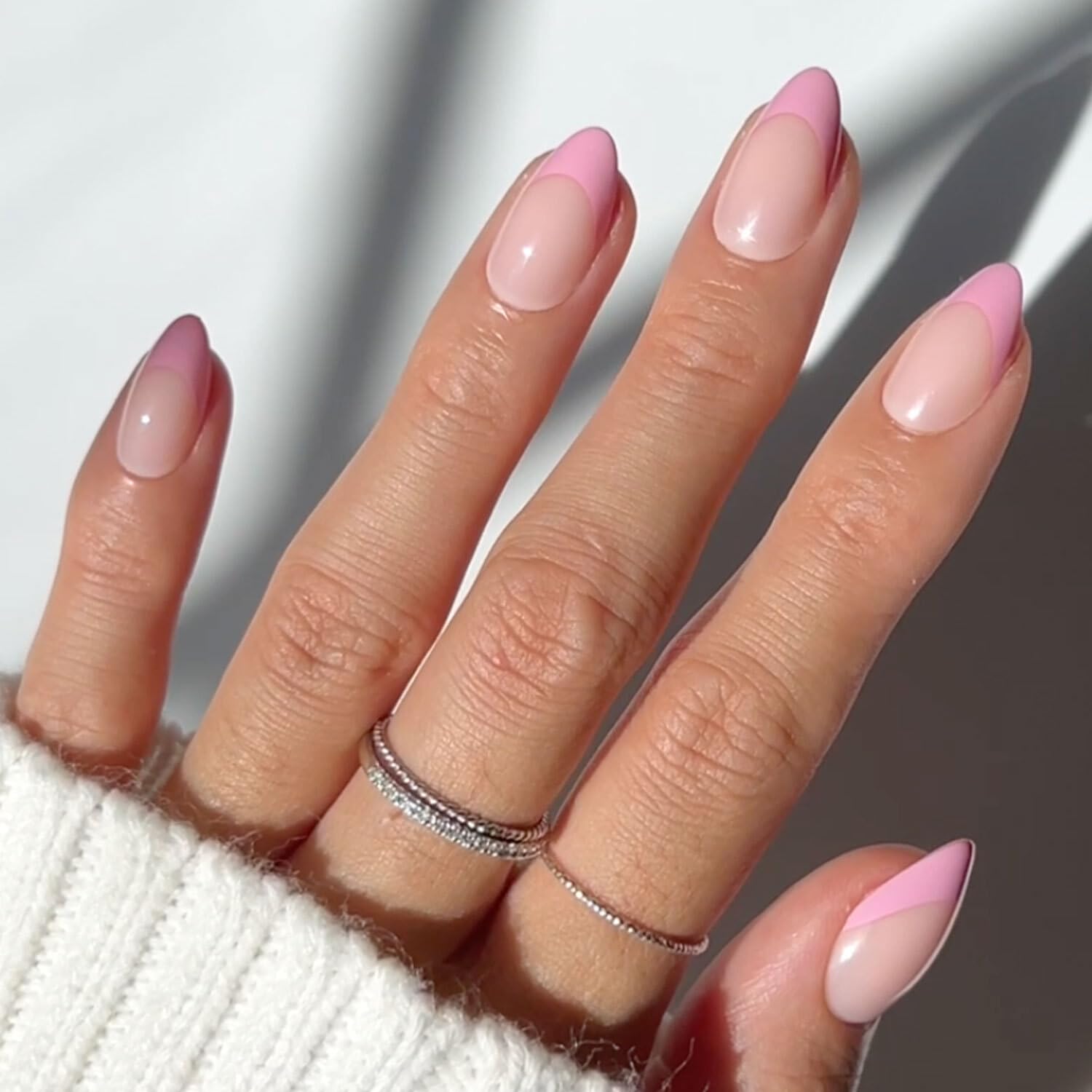 Glamnetic Press On Nails - Pink Macaron | Semi-Transparent Pastel Light Pink French Tip Short Almond False Nails, Reusable Stick On Fake Nails with Glue | Salon Quality | 15 Sizes - 30 Nail Kit