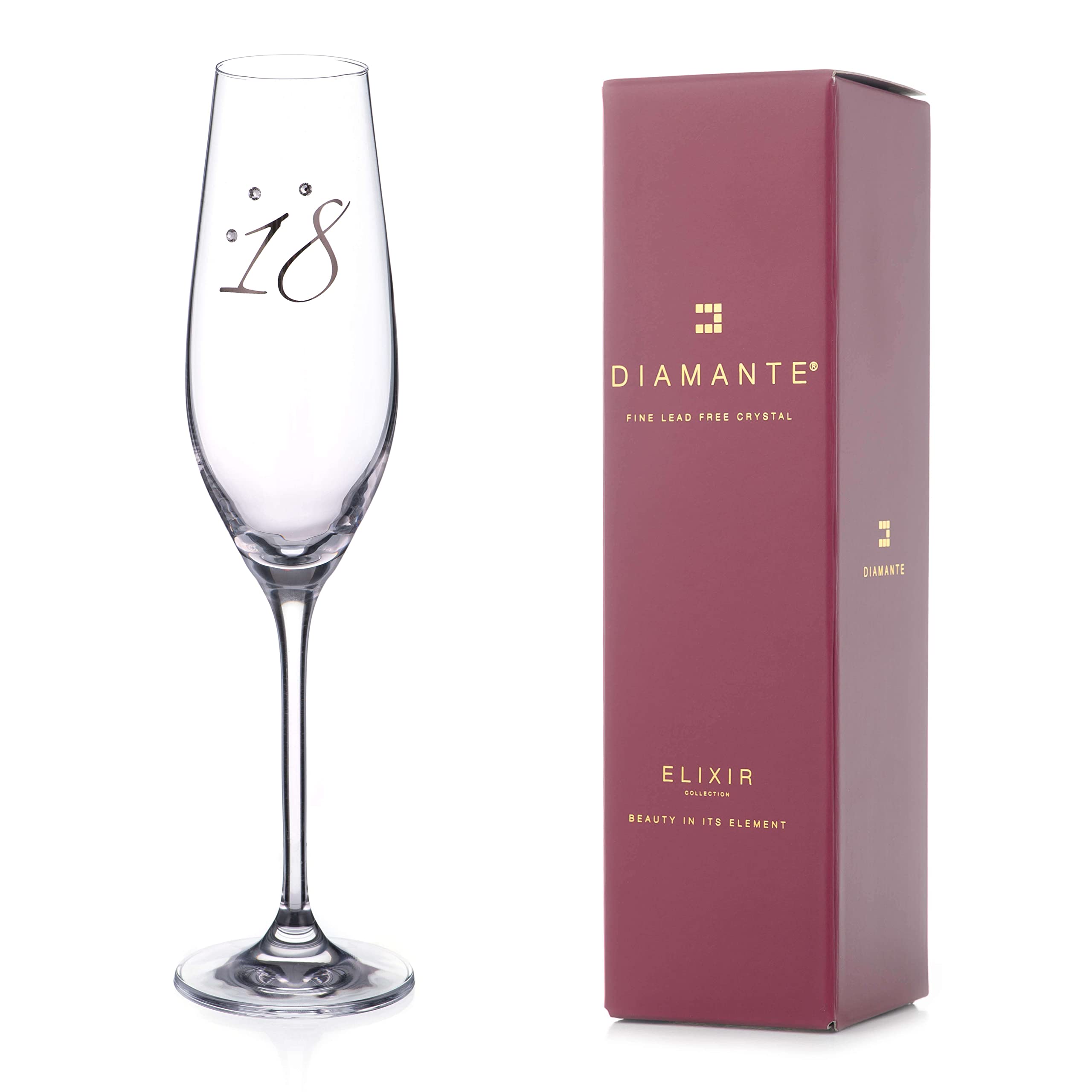 DIAMANTE Swarovski 18th Birthday Champagne Flute – Single Crystal Champagne Glass with Platinum 18 Embossed and Sparkling Crystals – Gift Boxed