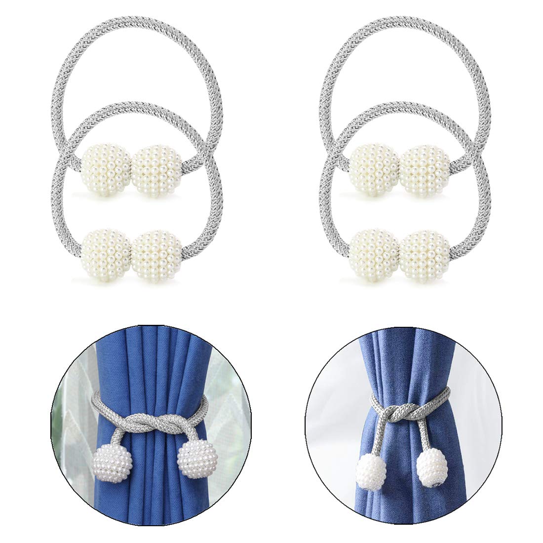 BuxiuGK 4 Pieces Magnetic Curtain Tieback,18" Curtain Buckles Holdbacks for Home Office Hotel Window Decoration - Gray