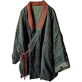 NFYM Women's Cotton Padded Short Jacket Kimono Cardigan Wrap Front Chinese Hanfu Style Printed Patchwork Loose Outwear