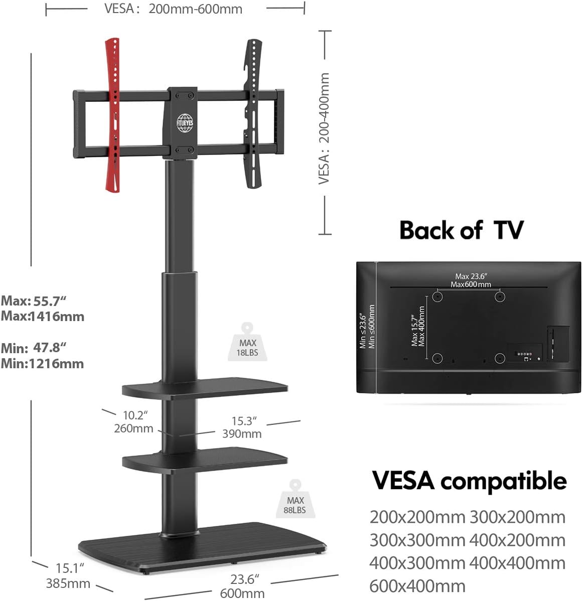 FITUEYES Floor TV Stand for 32 to 65 TVs Solid Wood Base Tall TV Stands Mount Swivel Universal TV Mount with Height Adjustable Shelves: Furniture & Decor