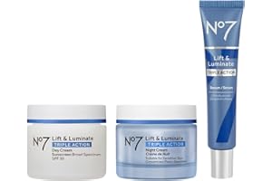 No7 Lift & Luminate Triple Action Skincare Set - Broad Spectrum Anti Aging Day Cream SPF 30 + Vitamin C Wrinkle Serum + Collagen Peptide Brightening Night Cream (3 Piece Kit)