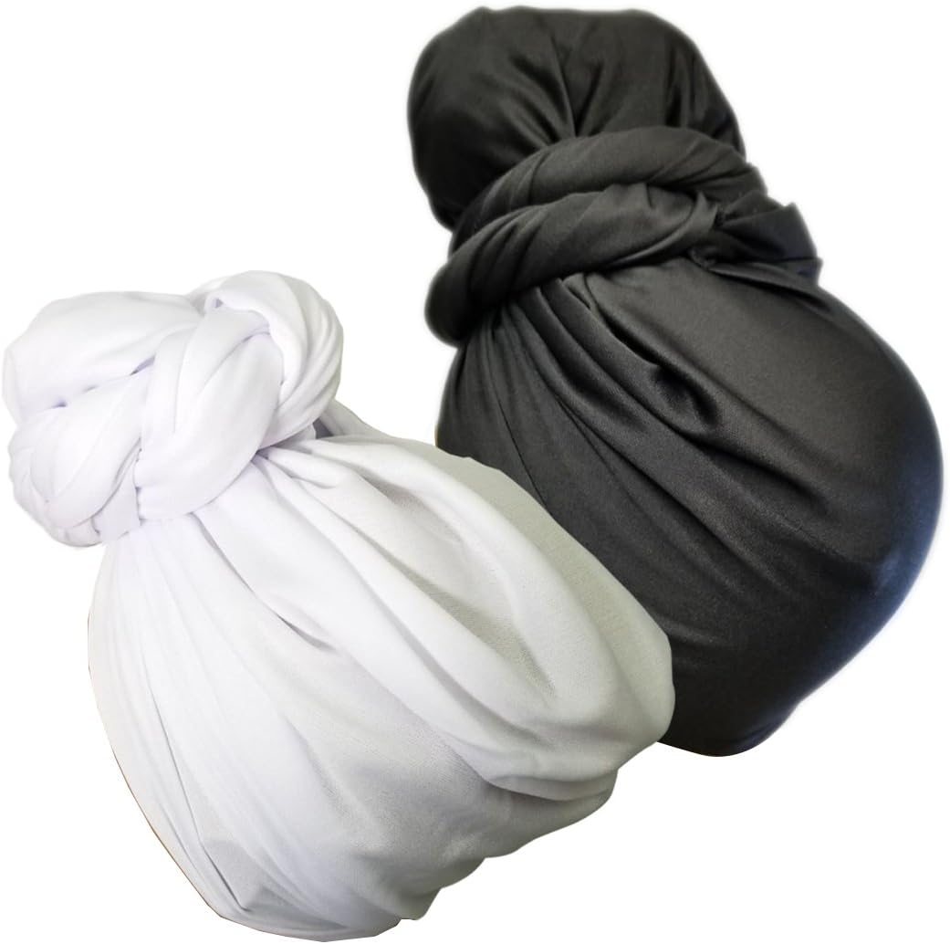 Stretch Head Wrap - Long Black Head Wrap Turban Hair Scarf Tie 2pcs set (BlackWhite)