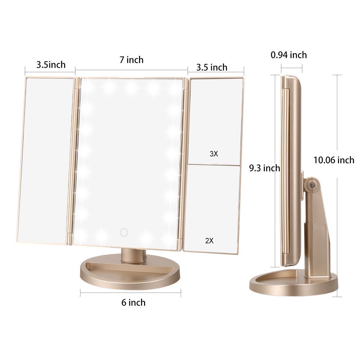 deweisn Tri-Fold Lighted Vanity Mirror with 21 LED Lights, Touch Screen and 3X/2X/1X Magnification Mirror, Two Power Supply Mode Tabletop Makeup Mirror,Travel Mirror: Beauty
