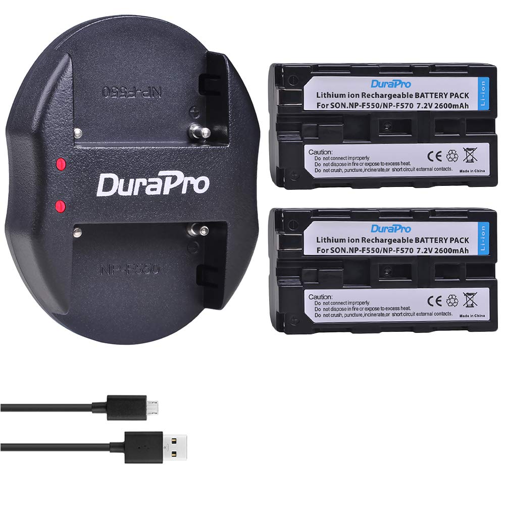 DuraPro 2Pcs 2600mAh NP-F550 Battery + Dual USB Charger for Sony NP-F330,NP-F530,NP-F570; Blackmagic Pocket Cinema Camera 6K Pro and Sony CCD-SC55,TR516,TR716,TR818,TR910,TR917,CCD-RV100 Cameras