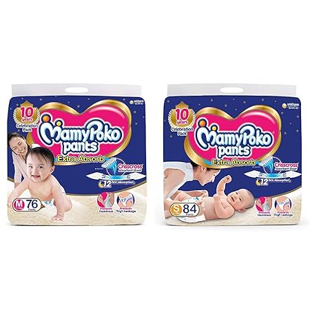 MamyPoko Pants Extra Absorb Diaper, Medium (Pack of 76) & MamyPoko Pants Extra Absorb Diaper, Small (Pack of 84)
