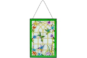 Viveta Hummingbird Stained Glass Window Hanging, Suncatchers Stained Glass Panels Hand-painted Art Decor with Chain, Gift for Mom Grandma Christmas Decor 10 * 15"