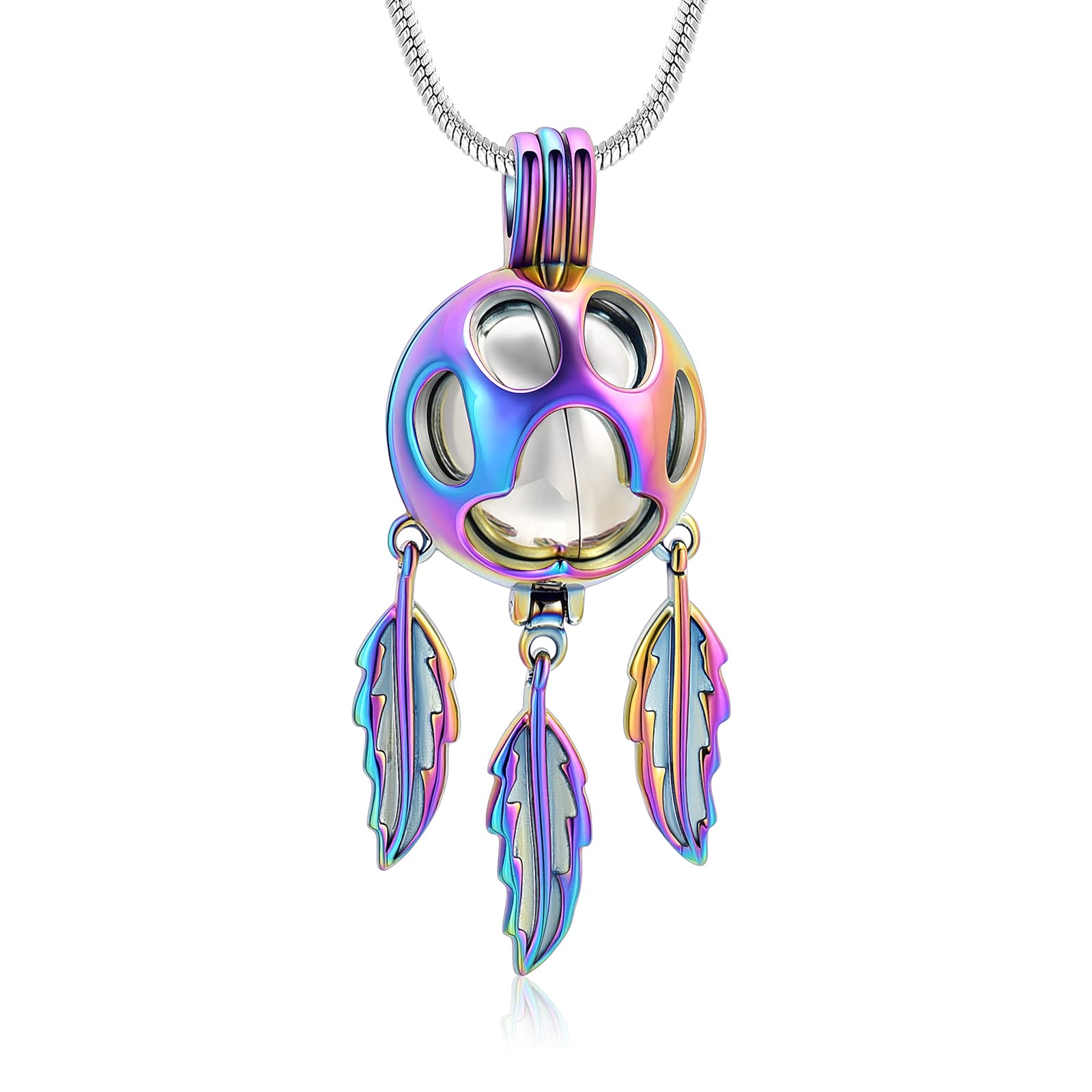 Minicremation Pet Cremation Jewelry for Ashes Paw Print Urn Necklace for Dogs Ashes Dream Catcher Hollow Ball Keepsake Pendant Necklace, Metal, not