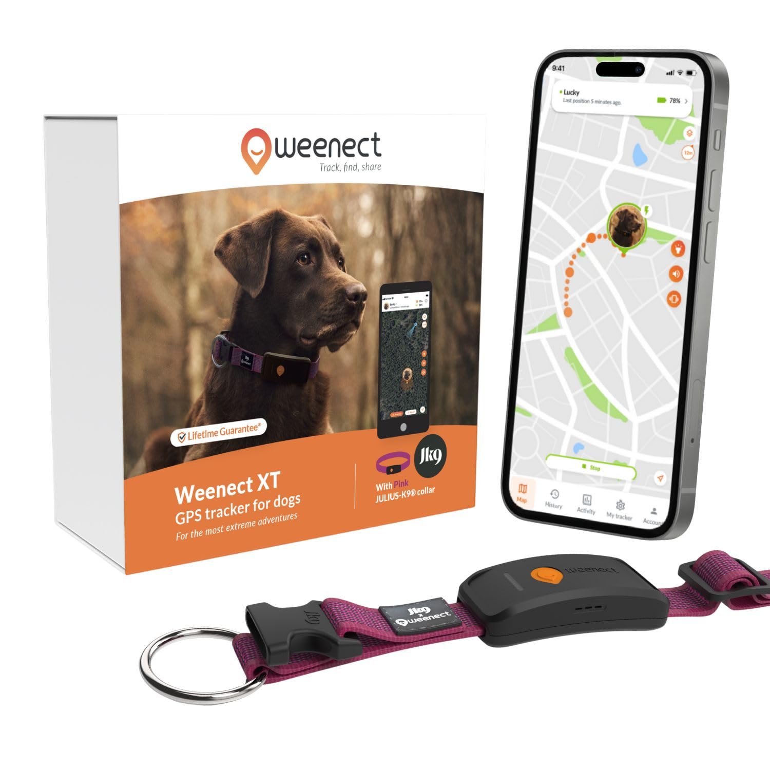 Weenect Dog XT - NEW GPS Collar for Dogs | XL Antenna | Waterproof | Julius-K9 Ultra-Durable Integrated Pink Collar Subscription required