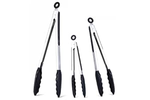 Kitchen Tongs Set of 3, Black Cooking Tongs with Silicone Tips, Non-Stick Non-Scratch Heat Resistant Tongs for Grilling Cooki