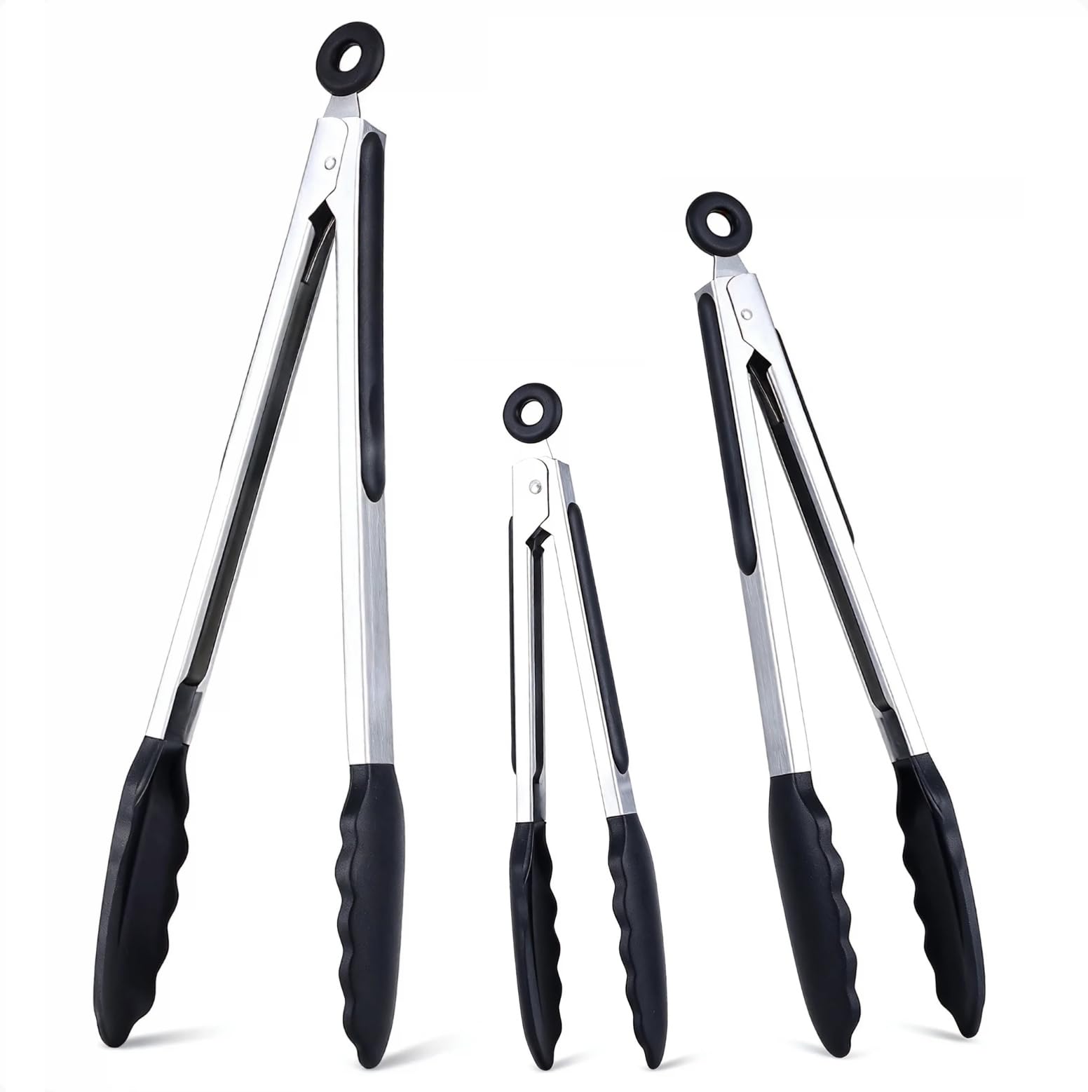 Kitchen Tongs Set of 3, Black Cooking Tongs with Silicone Tips, Non-Stick Non-Scratch Heat Resistant Tongs for Grilling BBQ Buffet Salad (Black, 7/9/12 Inch)