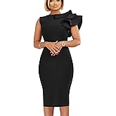 VASAUGE Women's Elegant Formal Bodycon Ruffle Sleeveless Midi Cocktail Party Dress