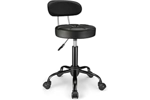 FNZIR PU Leather Rolling Stool with Back Support Height Adjustable Swivel Stool Chair with Wheels Drafting Chair for Spa Slaon Massage Black