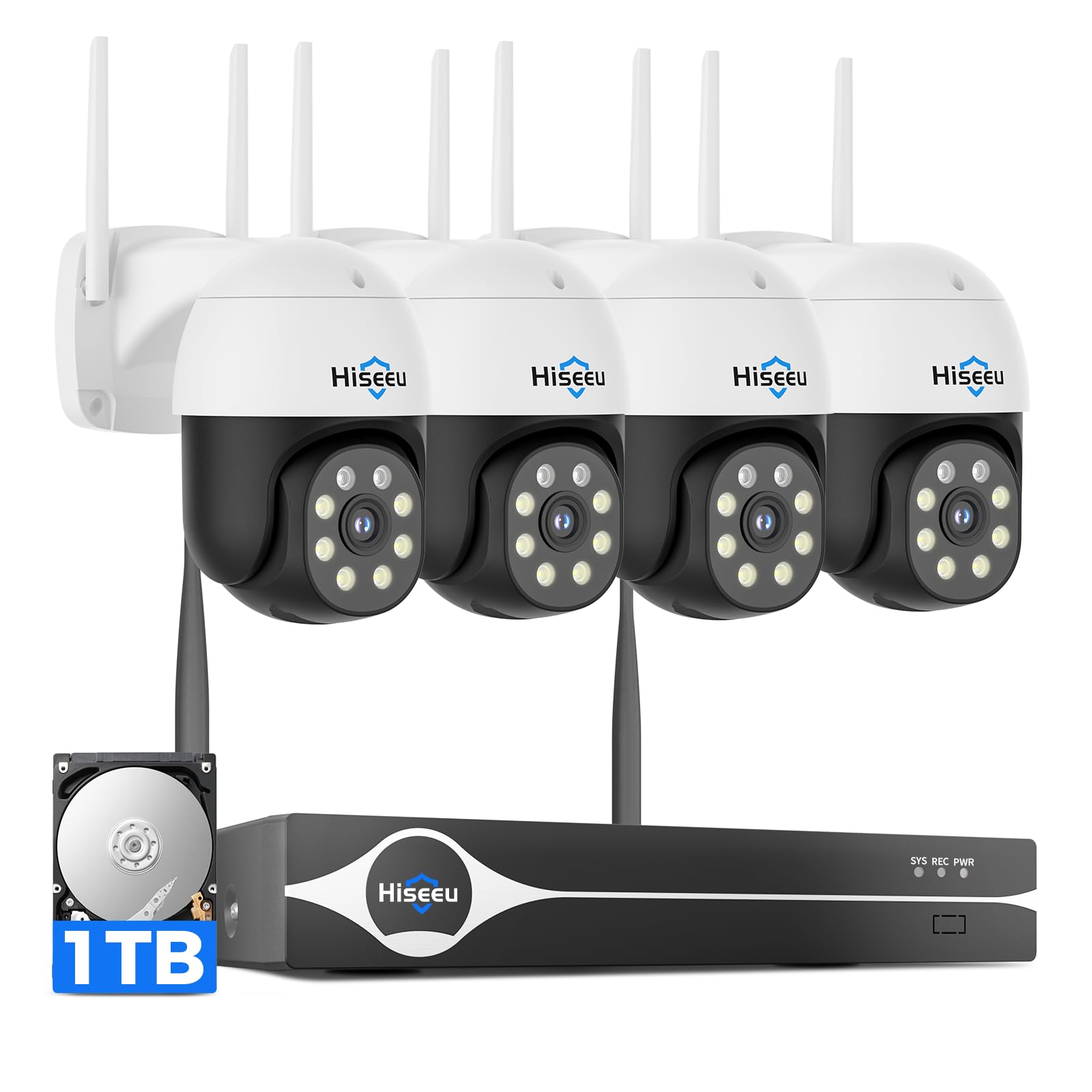 Photo 1 of Hiseeu 4K Security Cameras Wireless Outdoor, 8MP 4-Cam Kit, 5G & 2.4G WiFi Cameras System for Home Security, Auto Tracking, Pan Tilt, Color Night Vision, Two-Way Audio, 16CH NVR, 1TB, No Subscription