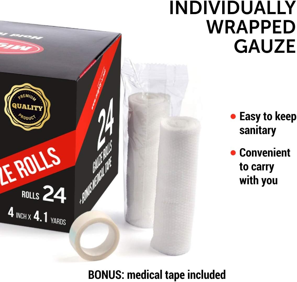Premium Gauze Bandage Roll - 24 Pack - Gauze Roll (4 inches x 4.1 Yards) - Latex Free Rolled Gauze - Gauze Wrap + Bonus Medical Tape: Health & Personal Care