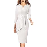 VFSHOW Womens Front Zipper Tie Waist Bow 3/4 Sleeve Slim Fitted Work Business Office Party Bodycon Pencil Sheath Dress