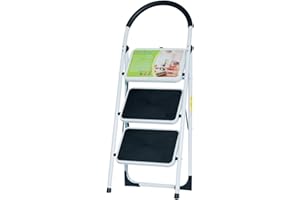 OEREAM Good Life EN131 Folding 3 Step Ladder Home Depot Steel, Lightweight 300 lb Capacity with Hand Grip Anti-Slip and Wide Pedal