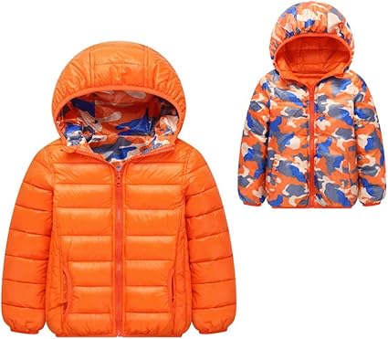 Amazon Co Jp Mornyray 子供服 ダウンジャケット ダウンコート アウターウエア ショート丈 防寒 軽量 迷彩 2way 秋 冬 女の子 男の子 身長100 160cm Size 160 オレンジ ベビー マタニティ