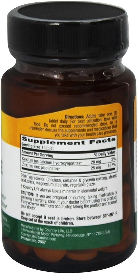 Country Life Zinc Picolinate 25 mg - 100 Tablets - Supports Prostate and Immune Health - Superior Absorption: Health & Personal Care