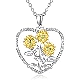 YONFQE Sunflower Necklace S925 Sterling Silver Heart Pendant Shiny Sunflower Jewelry Gifts for Men Women