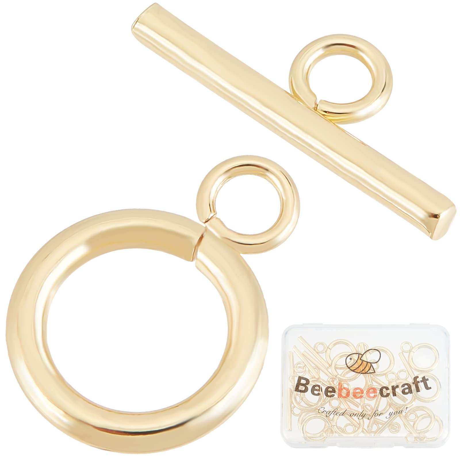 Beebeecraft 15 Sets Toggle Clasps with T-Bar 18K Gold Plated Round Bracelet Toggle Clasps OT IQ Closure Connectors for Necklace Jewelry Making (Hole: 0.11 inch/2.7mm)