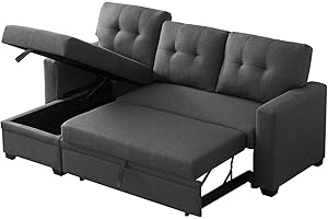 KooYaa 82" L-Shape Convertible Sleeper Sectional Sofa, w/Storage Chaise & Pull-Out Bed, Linen Upholstered Reversible Corner 3 Person Couch, for Apartment, Living Room and Office, Dark Grey
