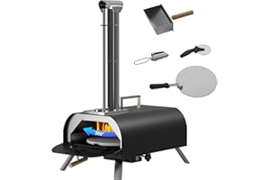 LotFun Outdoor Pizza Oven with Manual Rotating System, 12" Portable Wood Fired Oven with Pizza Stone, Shovel and Cutter, Stainless Steel for Backyard Patio