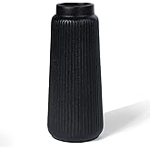 Black Ribbed Ceramic Vase – Textured Flower Vase for Pampas Grass, Fresh or Dried Flowers, Modern Cylinder Minimalist Home Decor for Living Room, Dining Table, Wedding Centerpiece