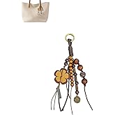 Yzikema Natural Bodhi Wood Beaded Bag Keyring Hand-Woven Cowhide Lanyard with Wish Seeds Purse Charm Key Chain Pendant