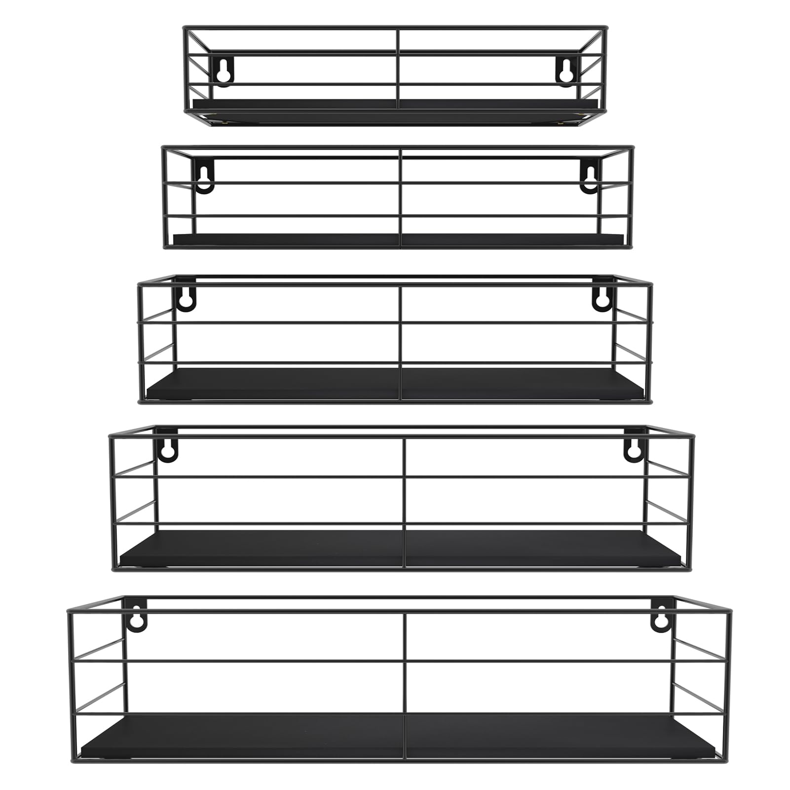 HORLIMER Set of 5 Floating Shelves for Wall with Black Metal - Sturdy and Decorative Wall Mounted Shelves for Storage in the Kitchen Living Room Bathroom(Rectangular)