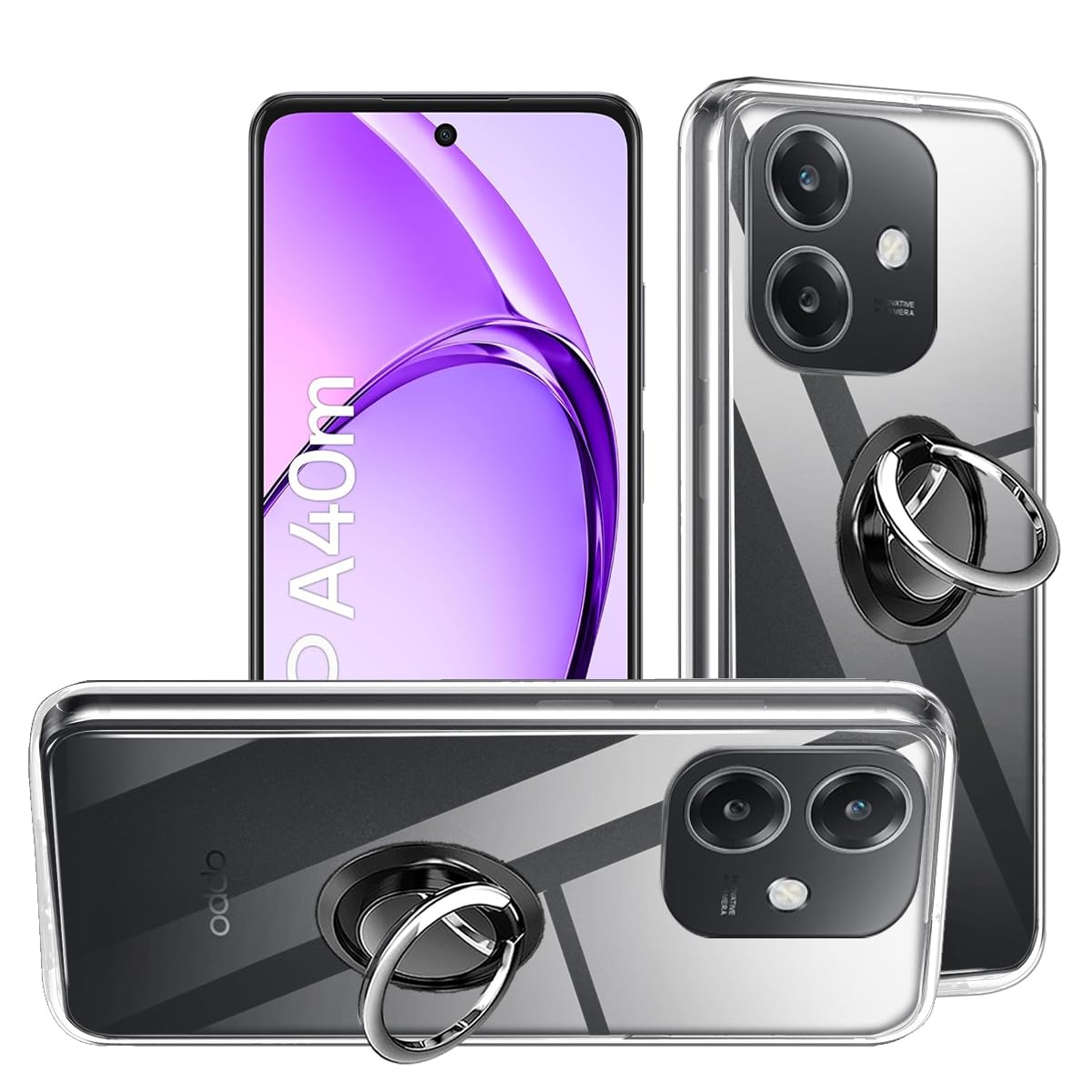 2-in-1 Case + Phone holder Ring For OPPO A40 / OPPO A40M / OPPO A60 5G/A40M Cover for OPPO A40 / OPPO A40M / OPPO A60 5G/A40M, Slim Fit Soft TPU Shockproof Anti-Scratch Phone Case - Clear