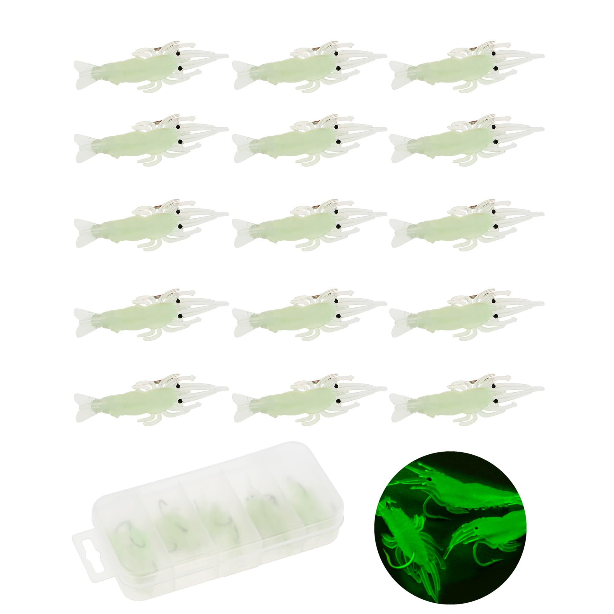 OriGlam 15pcs Soft Luminous Shrimp Lures, Glow in the Dark Fishing Lure, Realistic Shrimp Design, Versatile for Bass, Walleye, Trout, Crappie