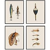 VONTP Retro Fishing Wall Art Decor, Classic Fly Fishing Gear Hook Reels and Tackle Prints Poster Wall Decorations for Boys Room Home Bedroom Living Room, 8x10 Inch Set of 4 (Unframed)