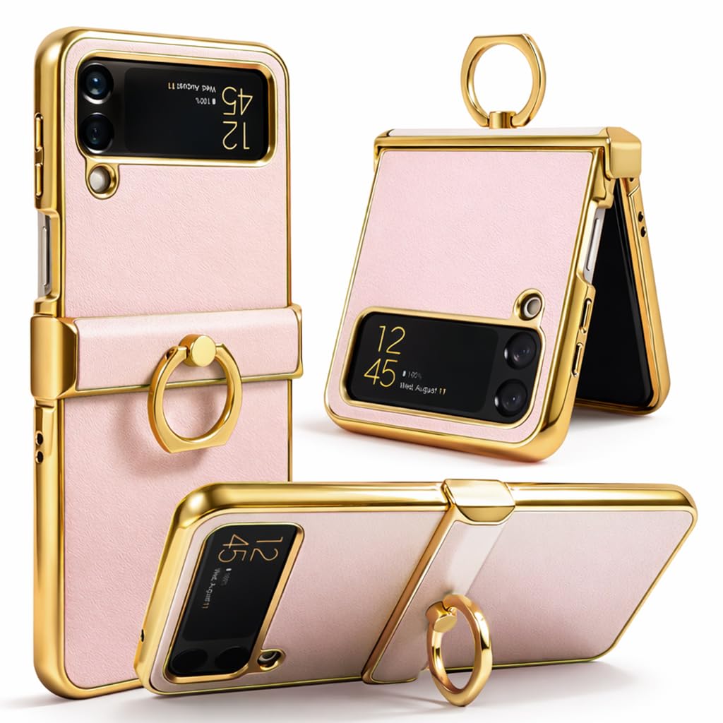 ZERUK Genuine Leather Case for Samsung Galaxy Z Flip, Military-Grade Drop Protection, Hinge Protection Cover with Ring Kickstand, Gold Trim (Pink, Z Flip4)