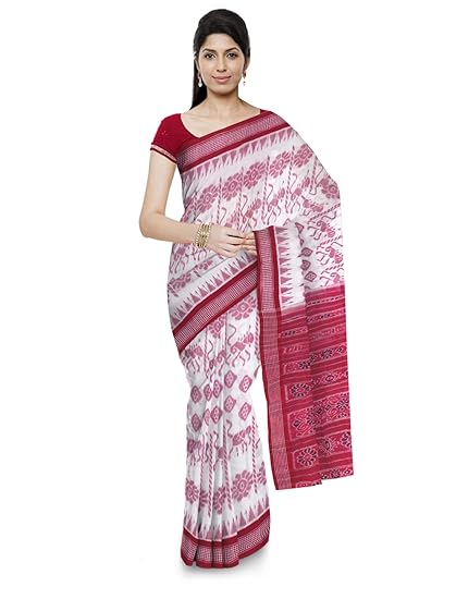 Odisha handloom Sambalpuri Handloom Womens Cotton Saree (Red & White)