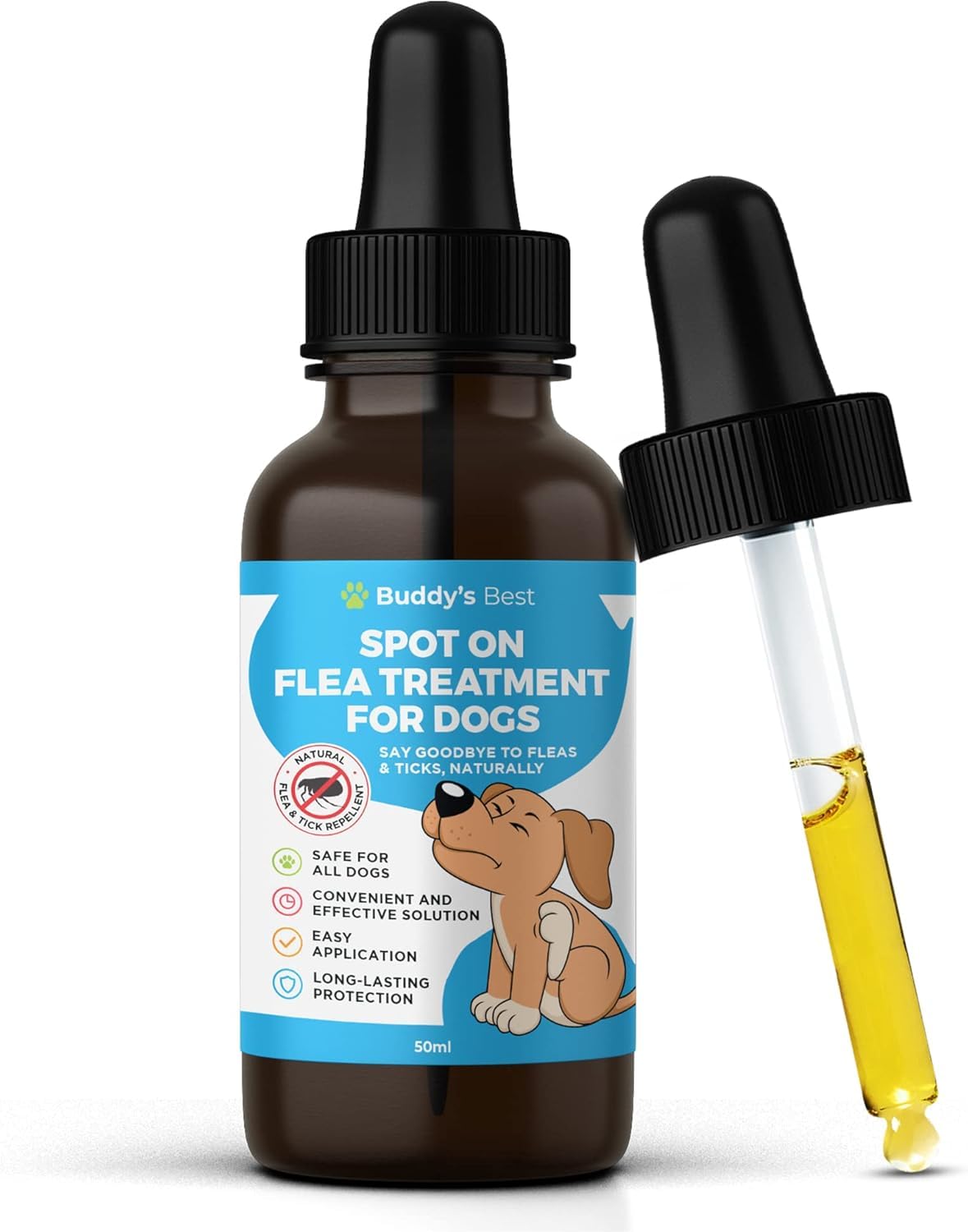 Buddy’s Best Spot-On Flea & Tick Protection for Dogs | Natural Formula with Essential Oils | Helps Maintain a Flea-Free Coat | Long-Lasting, Easy-to-Use Solution | 50ml