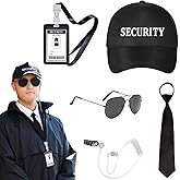 5pcs Agent Costume Set Secret Security Service Outfit Accessory Kit Includes Adjustable Hat Pretied Zipper Tie Black Sunglasses Earpiece and ID Card for Teens Adults Cosplay Game Halloween Party Gear