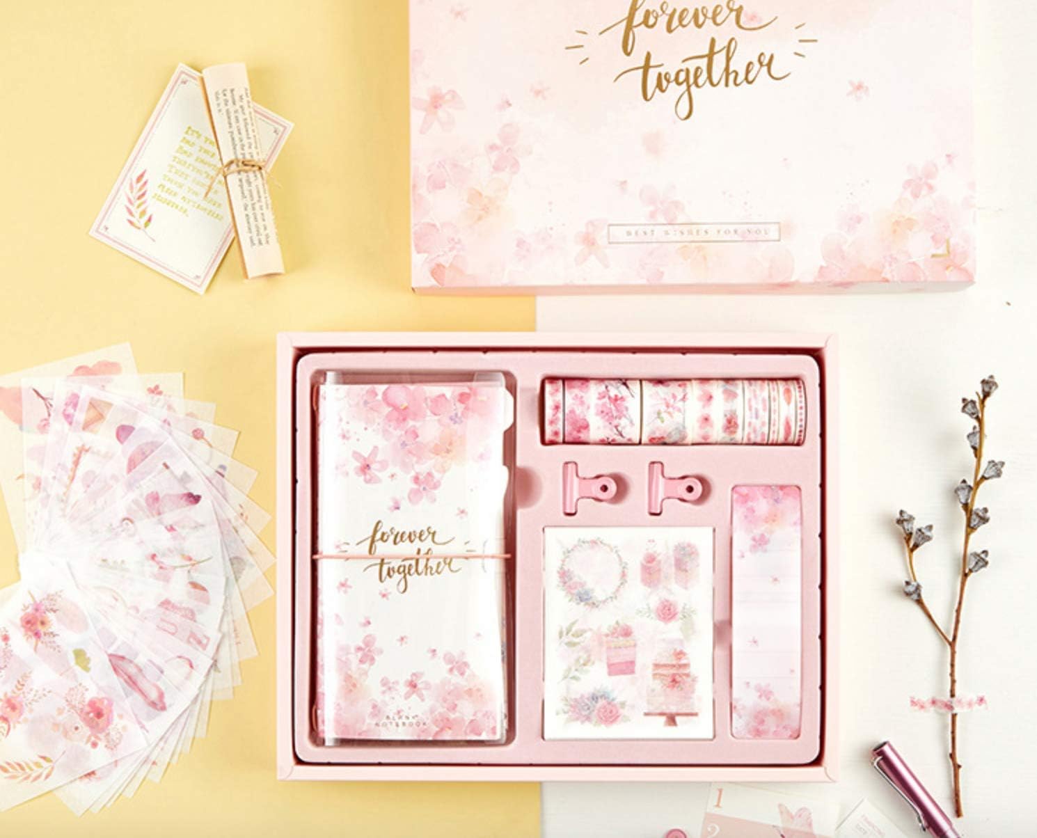 Industrial Revolution Journal Traveler Spiral Notebook Gift Set, Personal Diary Planner DIY with Washi Tape Paper Clips Sticker Gift Box (Sakura)