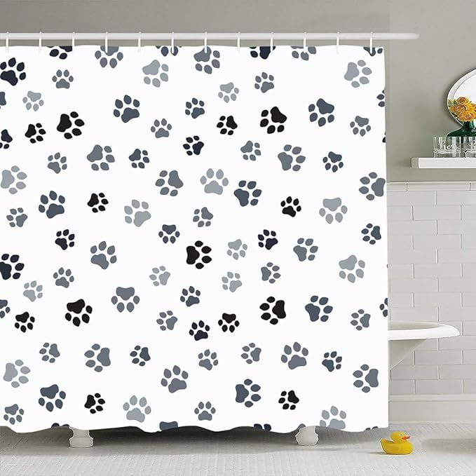 Juego de cortina de ducha Ahawoso con ganchos Estampado de pata Rastros