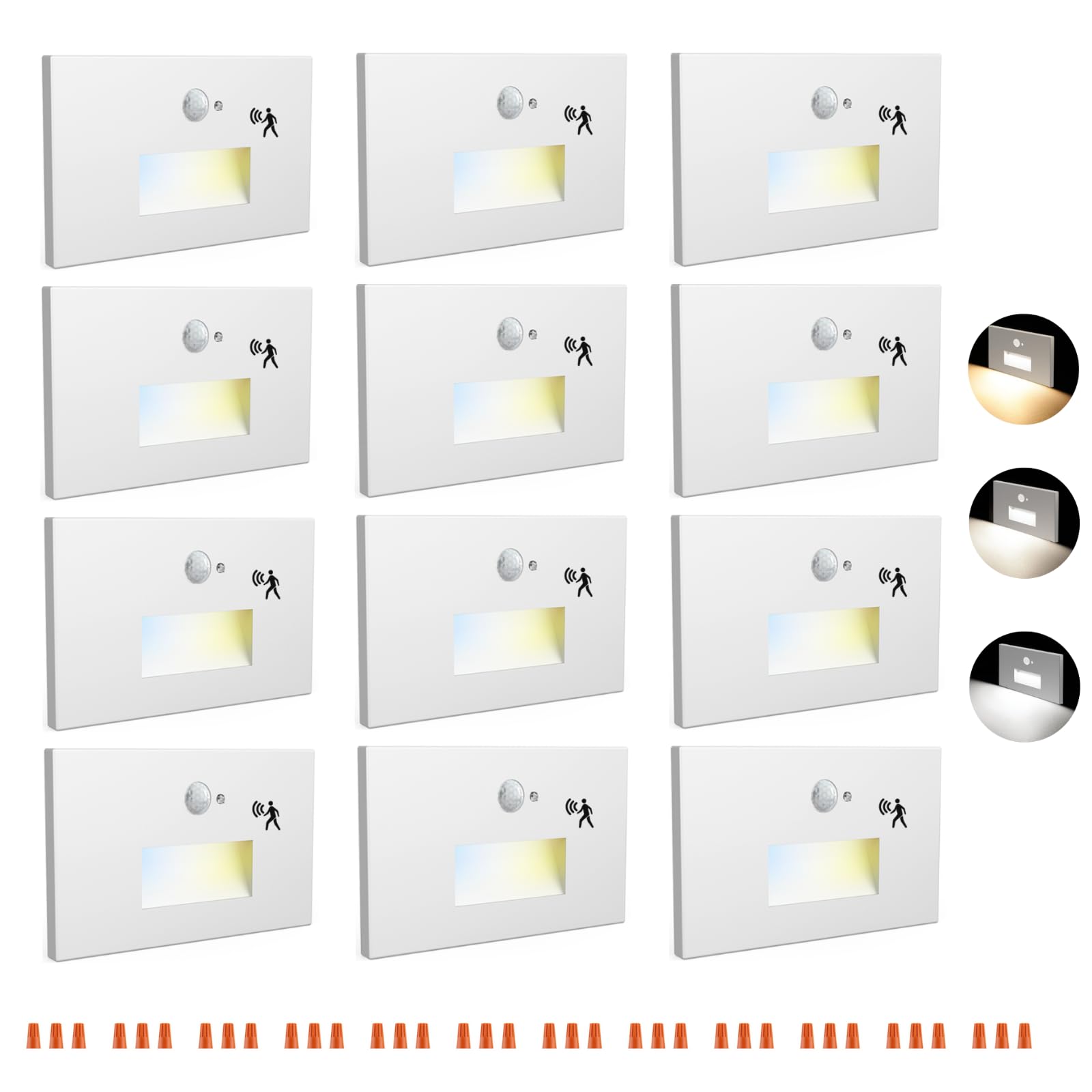 Photo 1 of Raxjov 12 Pack Motion Sensor LED Step Lights, 3 Color Stepless Dimmable 120V Hardwired Stair Lights Indoor Outdoor, 3000K/4000K/6000K 3.5W 150LM IP65 Waterproof Staircase Light, Aluminum, ETL, White