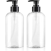 Empty Pump Bottles Dispenser 12.85oz/380ml Clear 2 Pack | Refillable Plastic Pump Bottle for Shampoo, Lotion, Soap and Massage Oil,BPA-Free