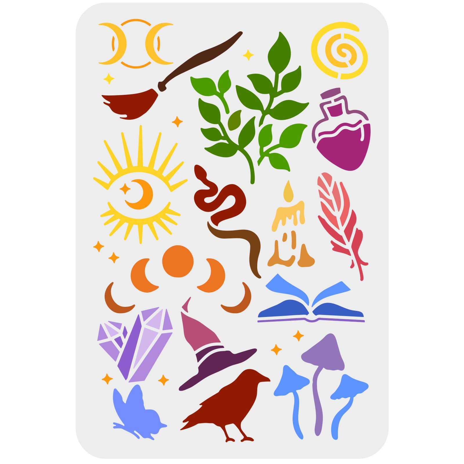 FINGERINSPIRE Magic Theme Stencils - 29.7x21cm Witch Supplies Moon Phases Star Devil's Eye Snake Candle Bird Butterfly Leaves Pattern Templates for Painting on Wall Wood