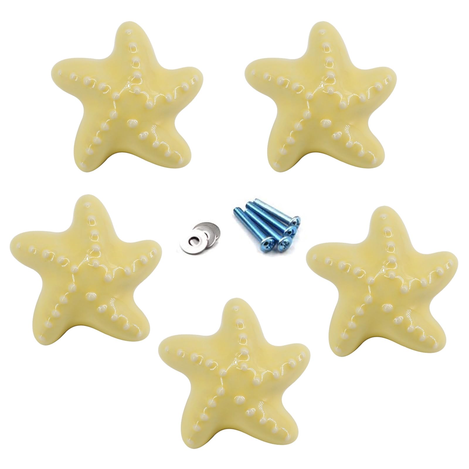 Flomore Yellow Drawer Knob Ceramic Cabinet Knobs Kids Room Handle Pull Starfish Shape for Dresser Drawers (Pack of 5 Screws Included)