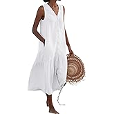 chouyatou Women's Summer Sleeveless Button Down Cotton Tank Dress Loose A-Line Tiered Tunic Beach Dress