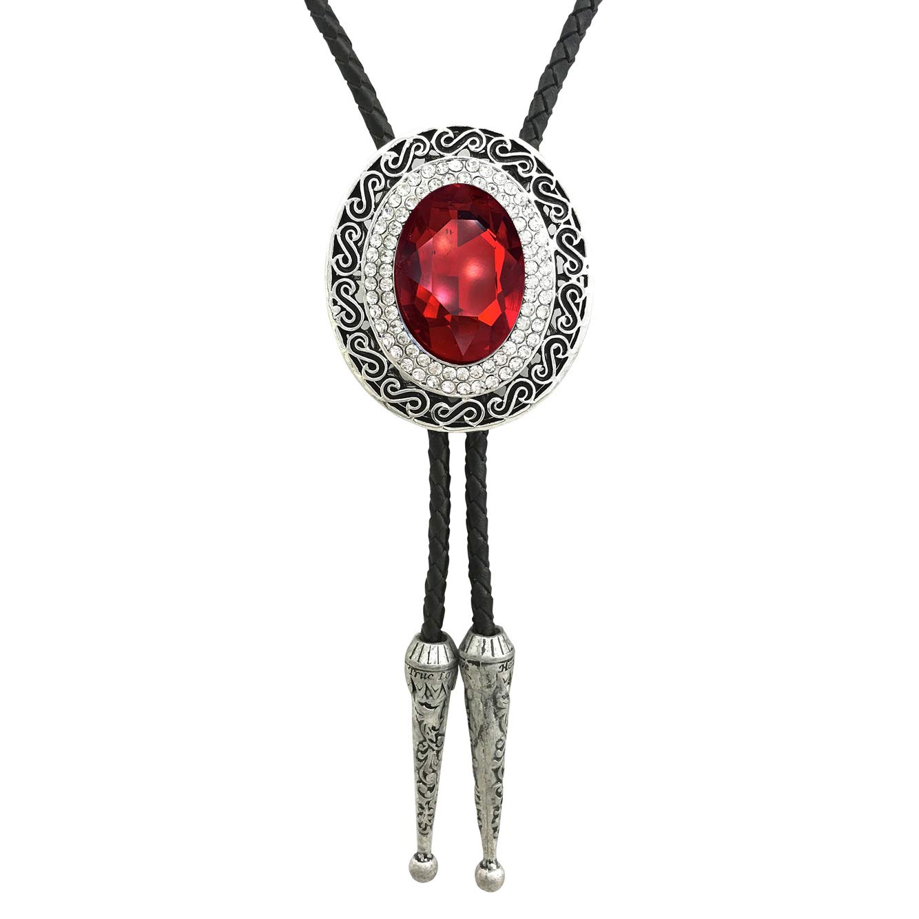 HAISWET Genunie Leather Native Western Red Rhinestone Statement Bolo Tie Silver Tone